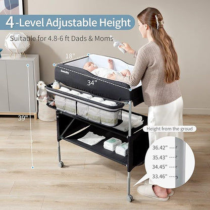 Sweeby Portable Baby Changing Table, Foldable Diaper Changing Station with Waterproof Pad, Mobile Nursery Organizer for Infant & Newborn Essentials, Black