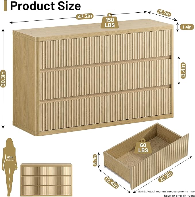Natural 6 Drawers Dresser for Bedroom, 48" Wide Wood Chest of Deep Drawers with Curved Profile, Handleless, Modern Fluted Dresser TV Stand, Storage Closet Drawer Organizer for Bedroom