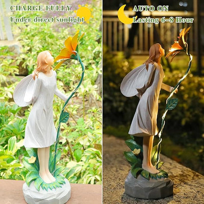Fairy Garden Statue Outdoor Decor, Solar Powered Garden Sculptures Fairy Resin Statues Waterproof Yellow Flower Solar LED Lights Yard Art Decorations for Outside Patio Lawn Decor
