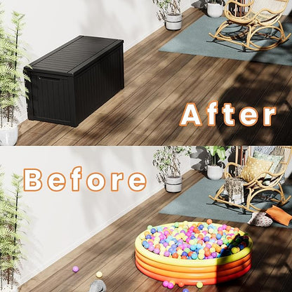 200 Gallon Deck Box, Resin Outdoor Indoor Waterproof Storage Box, Lockable Storage Box With Handle for Patio Furniture - Garden Tools - Swimming Pool Tools UV-Resistant - Black