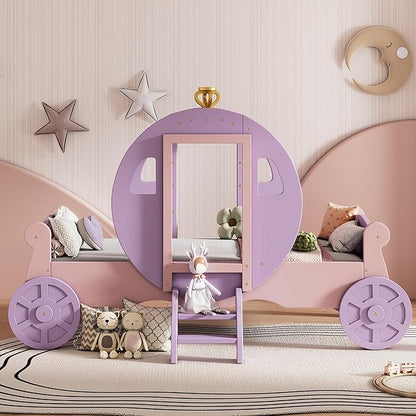 Twin Size Princess Carriage Bed Frame for Boys Girls Kids Toddler with Crown, Wood Platform Car Bed with Stair, Purple+Pink