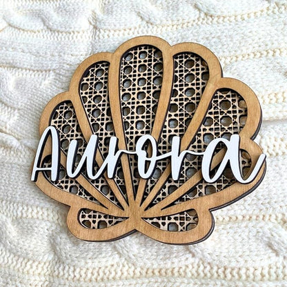 Personalized Rattan Seashell 3D Name Sign, Custom Boho Wood Personalized Name Sign, 3D Wooden Layered Handmade Letter Wall Decor for Nursery or Child's Bedroom, Rattan Baby Name Sign