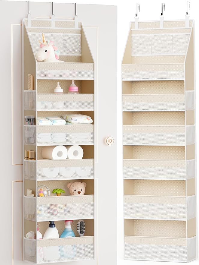 Criusia Over the Door Organizer, 6-Shelf Closet Hanging Storage with 13 Mesh Pockets, 55lbs Capacity Behind the Door Storage for Baby Nursery, Bathroom, Bedroom, and Dorm, Beige