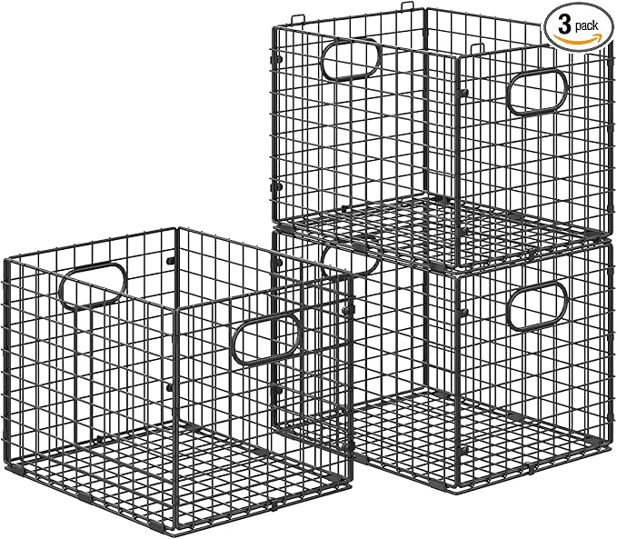 3-Pack Metal Milk Crate for Storage, Large 40qt Stackable Collapsible Storage Bins with Handle, Heavy Duty Storage Baskets for Shelves, Folding Basket Organizer for Car, Garage, Home, Camping, Office