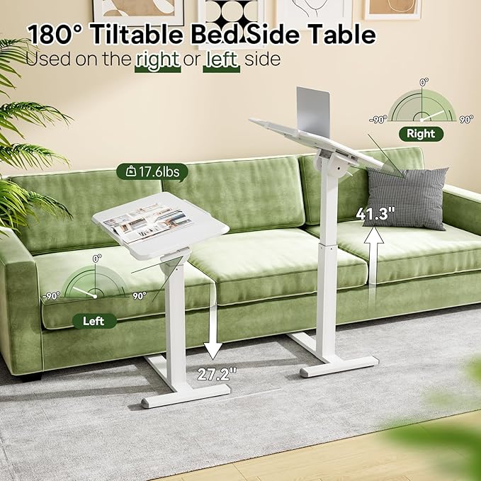 Rolling Laptop Desk, 180° Tiltable Mobile Standing Desk Height Adjustable, Overbed Bedside Table, Portable Computer Desk with Wheels, Foldable Laptop Cart for Home Office, White