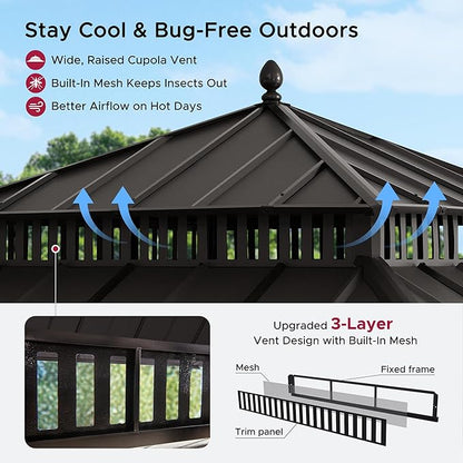 SUNJOY Kingston 12' x 12' Hardtop Gazebo with Galvanized Steel Double Roof, Curtain and Netting, Brown Aluminum Posts Permanent Pavilion Gazebo for Garden, Patio, Deck, Lawn