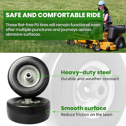 (4-Pack) 9x3.50-4” Flat Free Lawnmower Tire with 4" Centered Hub, 3/4" Bushings and Wheel Assemblies - PU Tire on Wheel and Adapter Kits