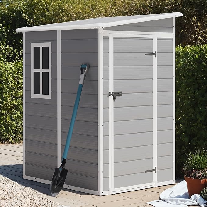 Greesum 5' x 4' Resin Weather Resistant Outdoor Storage Shed with Floor for Garden,Backyard,Pool Tool, Light Grey