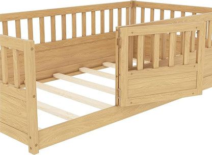 Bellemave Twin Floor Bed with Slats and High Fence, Twin Size Montessori Floor Beds with Door, No Box Spring Needed, Easy Assemble Montessori Bed Frame(Natural Twin)