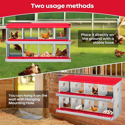 8 Compartment Chicken Nesting Box, 2 Layer Wall Mount/Free Standing Poultry Nest for Chickens, Hens, Ducks, Metal Chicken Laying Boxes with Perch, Secure Lid, Vented Holes for Egg Collection, Red