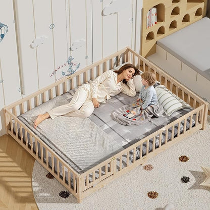 i-POOK Queen Floor Bed for Children, Sturdy Wood Montessori Bed Frame with Wood Slats, High Fence & Small Door, Montessori Floor Bed for Girls and Boys, Natural
