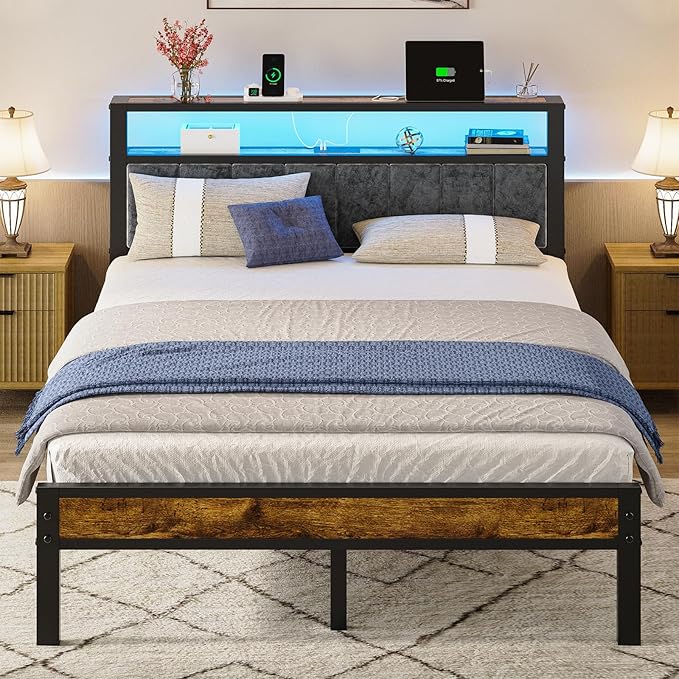 Queen Size Bed Frame with 2-Tier Storage Shelves Headboard, Platform Bed with