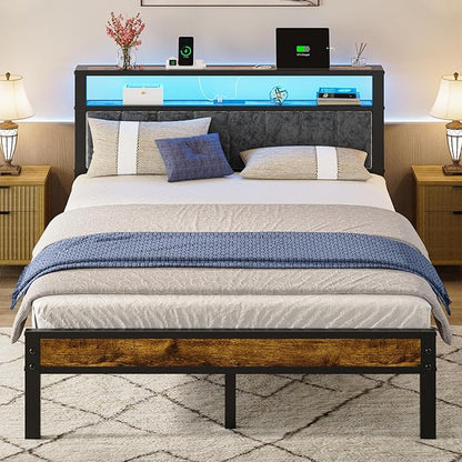 Queen Size Bed Frame with 2-Tier Storage Shelves Headboard, Platform Bed with