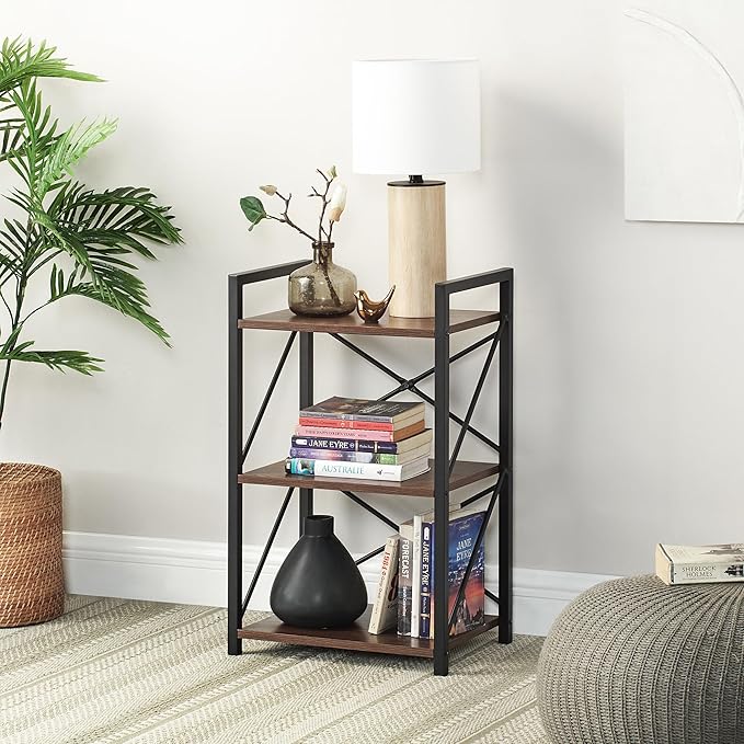 3 Tiers Bookshelf, Home Office Bookcase Shelf Storage Organizer for Bedroom, Living Room and Home Office, Walnut Brown(Small)
