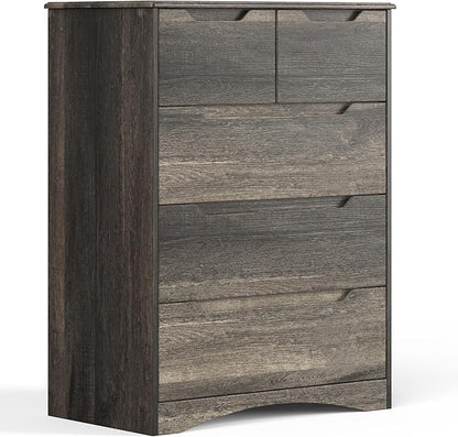 Gizoon 5 Drawers Chest, Dark Brown Dresser for Bedroom with Large Storage Capacity, Chest of Drawers with Embedded Handle, Sturdy Anti-Tripping Device for Hallway, Office, Living Room