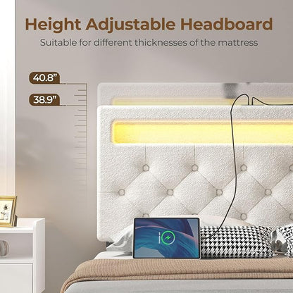 Rolanstar Twin Bed Frame with 4 Storage Drawers and Charging Station,Twin Bed with Led Lights, 2 USB & 1 Type C, Adjustable Headboard 38.9/40.8 Inches, No Box Spring Needed, White