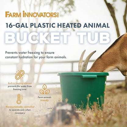 Farm Innovators Heated Water Bucket, 200W Heating Power - 16 Gallon Plastic Bucket with Replaceable Heating Element for Livestock Watering & Feeding