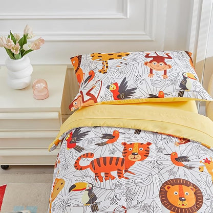 4 Pieces Toddler Bedding Set for Boys Girls - Cartoon Jungle Animals Print White Bed in a Bag - Colorful Comforter Set With Lion, Tiger, Monkey and Giraffe - Orange Yellow