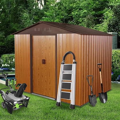8 x 6 FT Outdoor Storage Shed, Metal Garden Shed with Floor Frame, Tool Shed Outdoor Storage with Lockable Sliding Doors & Air Vents, Storage House Waterproof for Backyard, Lawn, Coffee