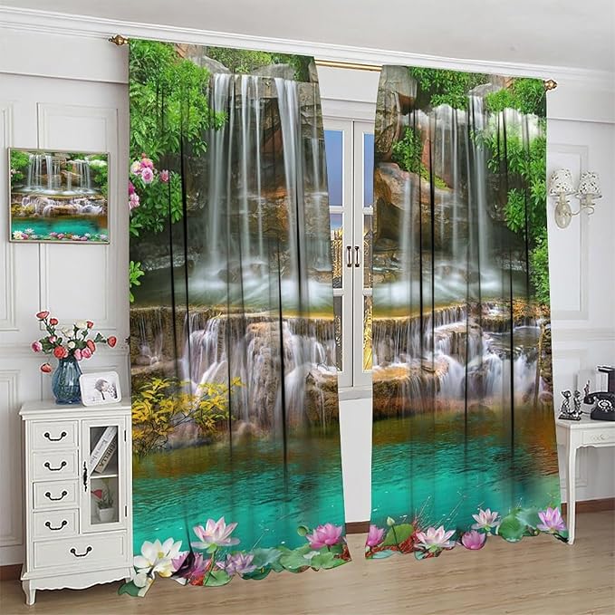 Waterfall Blackout Window Curtains, Rocky Waterfall to Pond Running Off Scenic Nature Themed Picture Print Window Drapes, for Living Room Bedroom 84x84in 2 Panels