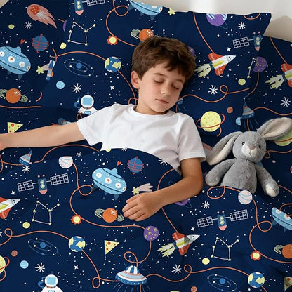 LONAVA Toddler Kids Comforter Set - 4 Pieces Toddler Bedding Sets for Boys Girls Children, Ultra Soft Microfiber Bed in A Bag with Flat Fitted Sheets, Space