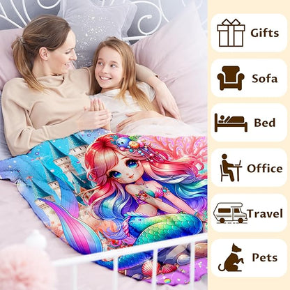 Girls Mermaid Blanket, Throw for Toddlers Kids Mermaid Lovers 30x40 Inches Lightweight Soft Cute Throw Blankets for Sofa Couch Bed Trip
