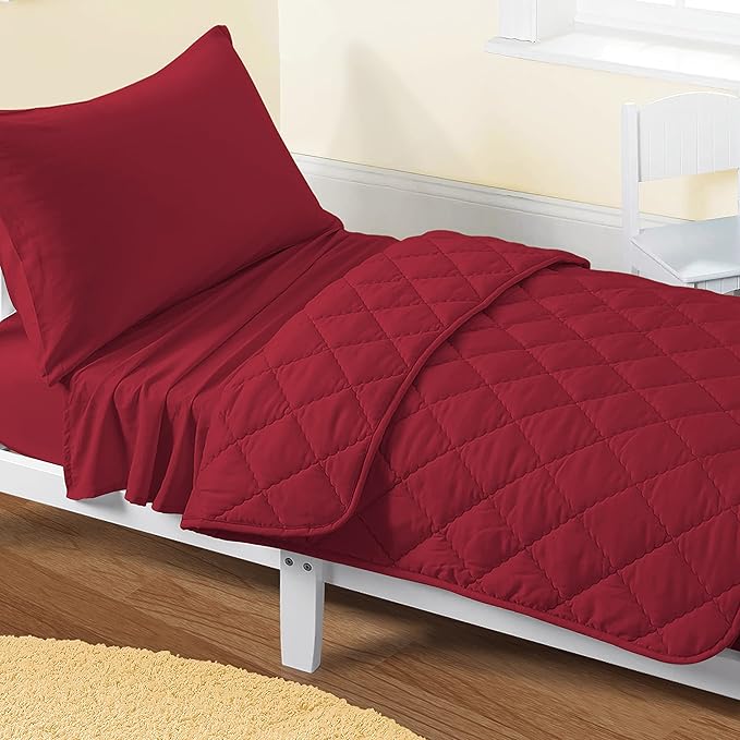 FLXXIE 4 Pieces Toddler Bedding Set, Soft and Breathable Microfiber Crib Sheet Set, Includes Quilted Comforter, Flat Top Sheet, Fitted Sheet, Envelope Pillow Case for Boys and Girls, Burgundy
