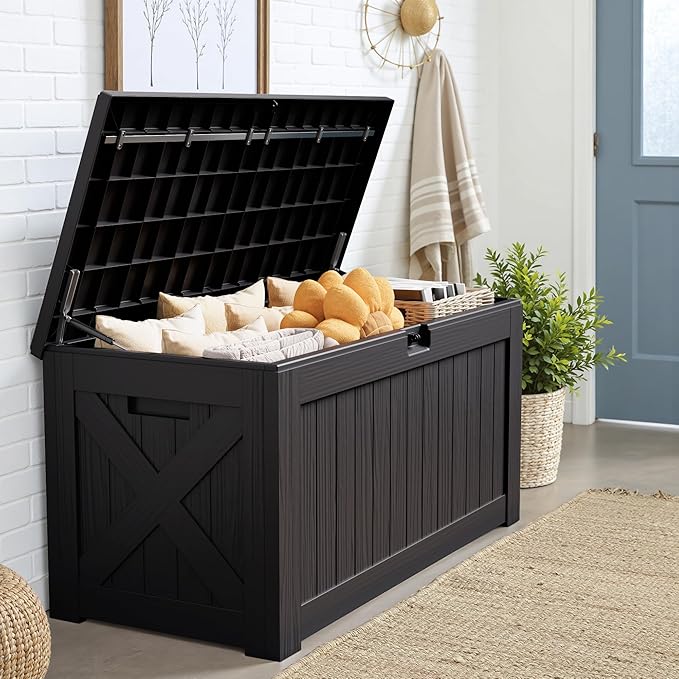 JUMMICO 120 Gallon Resin Deck Box, Large Outdoor Storage Box Waterproof & Lockable for Garden, Patio, Pools (Black)