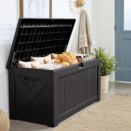 JUMMICO 120 Gallon Resin Deck Box, Large Outdoor Storage Box Waterproof & Lockable for Garden, Patio, Pools (Black)