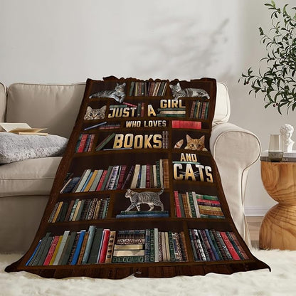 Cute Cat Blanket Just a Girl Who Loves Books and Cats Throw Blankets for Kids Teens Adults Warm Soft Lightweight Plush Funny Animal Print Fleece Flannel Throws Bedding Reading Gifts for Girls 60"x50"