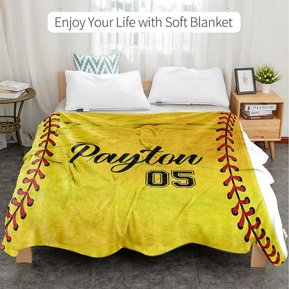 Personalized Softball Kids Blanket with Naumber and Name - Custom Sport Bed Blankets Gift for 0-3 Months Baby Essential - Super Warm and Comfortable 50x60inch