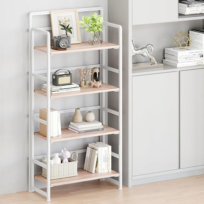 No Assembly Folding Bookshelf, 4 Tiers Collapsible Book Shelf for Home Office, Vintage Wood Foldable Bookcase Storage Organizer for Living Room Bedroom (Beige)
