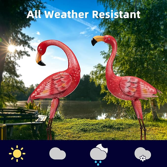 Metal Flamingo Garden Statue, 40" Tall Outdoor Decor Flamingos Yard Art Sculptures and Statues Reinforced Foot, Weatherproof Flamingo Ornaments for Lawn Pool Backyard Decor, Set of 2