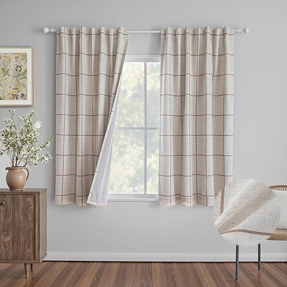 MYSKY HOME 100% Blackout Brown Plaid Linen Curtains 63 Inches Long Checkered Double Layer Farmhouse Thermal Insulated Print Drapes with Rod Pocket Back Tab for Living Room Bedroom, 2 Pcs, 52" Wide