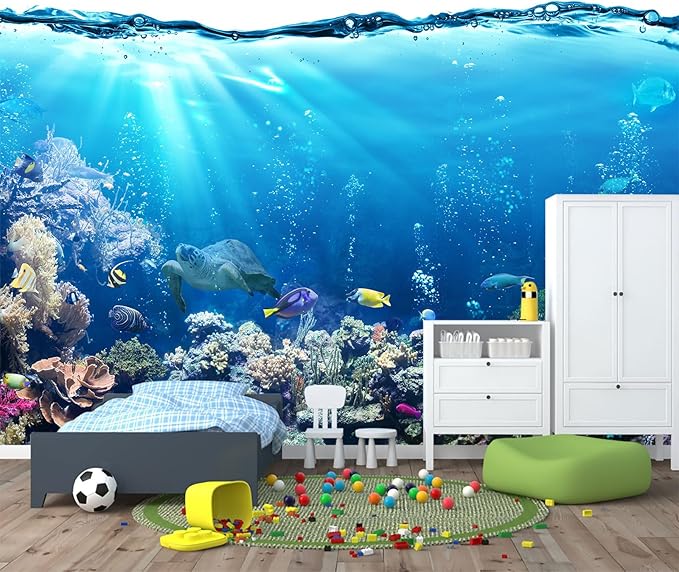 Kids Ocean Wallpaper Underwater Creatures Coral Reef Wall Mural for Children's Room Nursery（Not Peel and Stick）