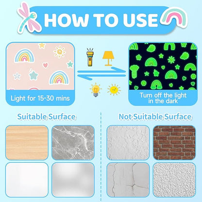 Rainbow Wall Decal Glow in The Dark, Small Watercolor Heart Star Flower Stickers for Girls Room, Kids Boys Baby Nursery Decor