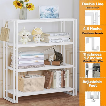 HCHQHS Bookshelf, 4-Tier Industrial Bookcase, White Open Book Shelf, Freestanding Tall Bookshelves with Metal Frame