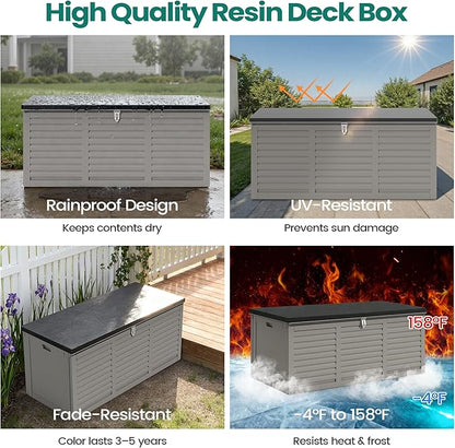 Resin Deck Box 130 Gallon, Lockable & Waterproof Outdoor Storage, UV-Resistant Patio Box for Cushions, Tools, and Outdoor Accessories (GRAY)