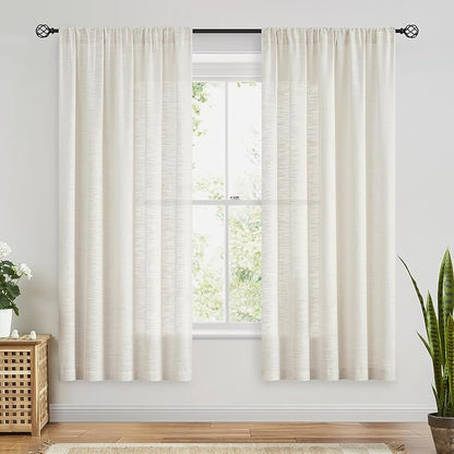 FMFUNCTEX Linen Semi Sheer Natural Curtains for Bedroom Living Room, Beige Curtain Panels 63 Inch Length Sheer Linen Textured Window Drapes Farmhouse Light Filtering 2 Panels Rod Pocket