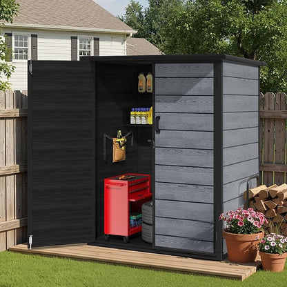 Vertical Outdoor Storage Shed with Floor, 56.8 Cu.Ft Resin Tool Cabinet with Lockable Doors, Waterproof Garden Storage Shed for Patio, Backyard & Garage Organization (Dark Gray)