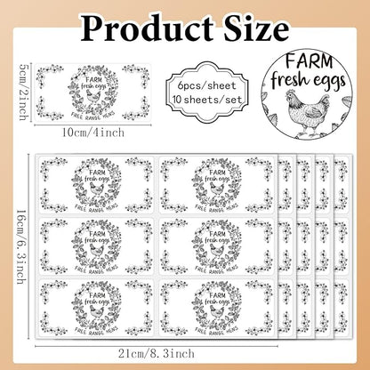 60Pcs 2" x 4" Farm Fresh Eggs Label White Rectangle Free Range Hens Egg Carton Stickers Self Adhesive Packaging Tags for Box Container Business Farm Farmhouse Markets Supplies