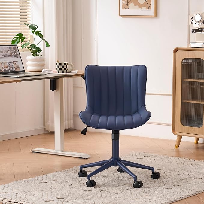 YOUNIKE Armless Home Office Desk Chair with Wheels Compact Comfy Vanity Chair with Adjustable Back Modern Small Leather Upholstered Rolling Swivel Cute Copmuter Task Chair No Arms Ergonomic Navy Blue
