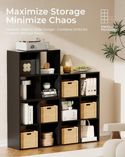 GTPLAYER 4-Cube Storage Organizer, Fits 11" Bins, Vertical or Horizontal Use, Opening Bookshelf, Partial Back Panels, Stackable Design Bookcase, for Desk, Vanity, Entryway, Black