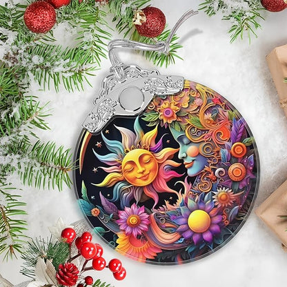 Stained Glass Christmas Ornament - Christmas Tree Ornaments - Sun and Moon Hanging Decor - Holiday Present Ideas - Gift Exchange