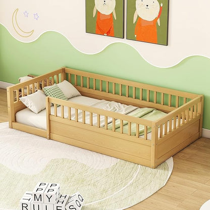 Bellemave Kids Montessori Floor Bed,Twin Size Floor Bed with High Fence and Door,Twin Bed Frame with Guardrails for Kids,Girls,Boys,Twin,Natural