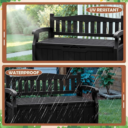 JUMMICO 80 Gallon Resin Outdoor Storage Bench, Large Deck Box with Armrest, Lockable & Waterproof for Garden, Home, Patio, Pools (Black)