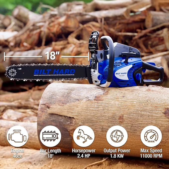BILT HARD 18 Inch Gas Chainsaw, 46cc 2.4 HP Gas Power Chain Saw with Automatic Oiler, 2-Cycle Engine, Petrol Handheld Gasoline Chainsaws for Wood Cutting