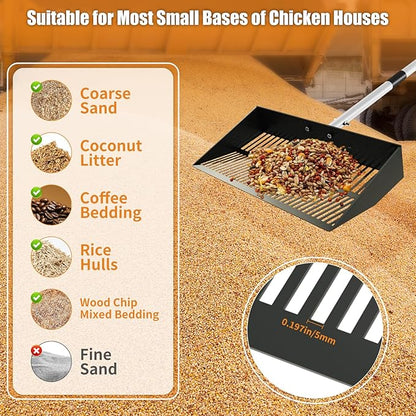 Chicken Poop Scooper, 15 Inch Wide 37 to 63 Inch Adjustable Chicken Coop Scoop for Sand with Work Clothes, Black Metal Multifunctional Sifting Shovel for Chicken Run, Animal Farm