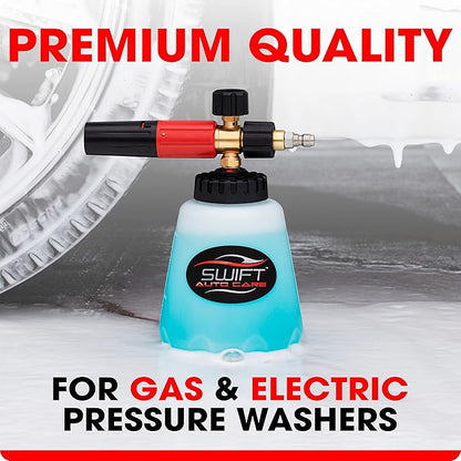 Swift Premium Foam Cannon for Pressure Washer – Heavy Duty Foam Sprayer for Car Wash | ¼ Inch Quick Connector | Adjustable Wide Mouth for Extra Thick Snow Foam | Holds 1 Liter of Soap!