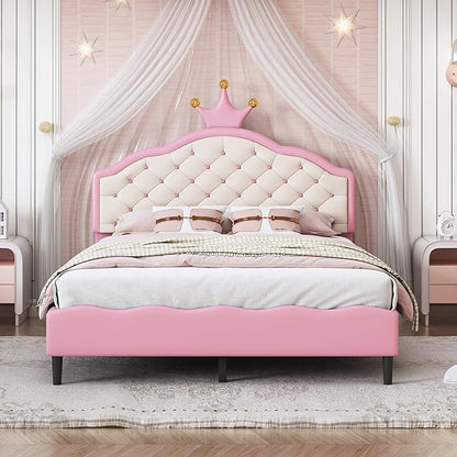Bellemave Full Size Princess Bed Frame with Lovely Crown Shaped Headboard for Girls,Upholstered Platform Bed with Slats Support,Twin Girls Bed,Pink Cream